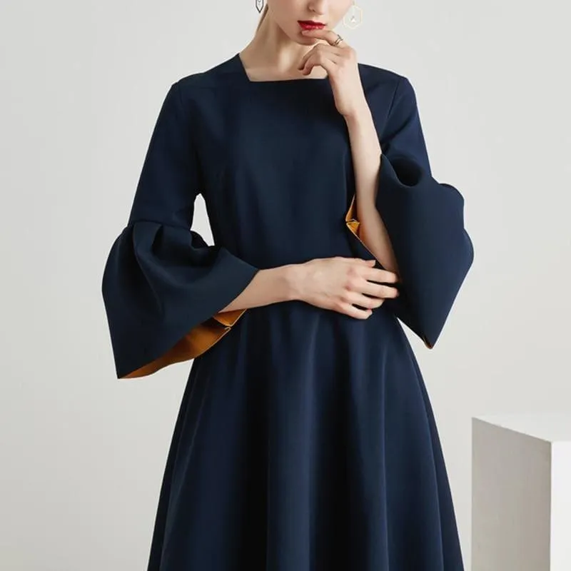 Blue Flare Sleeve Square Collar Tunic High Waist Draped Midi Dress
