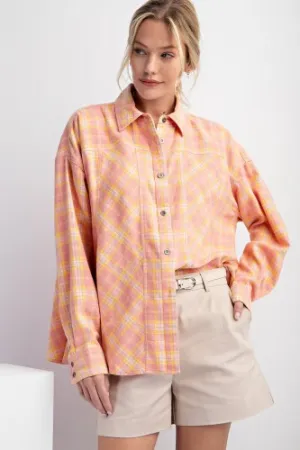 Blush & Orange Mix Oversize Plaid Button Front