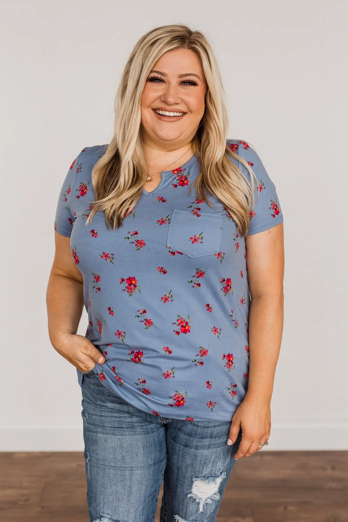 Botanical Beauty Floral Notch Pocket Top- Dusty Blue