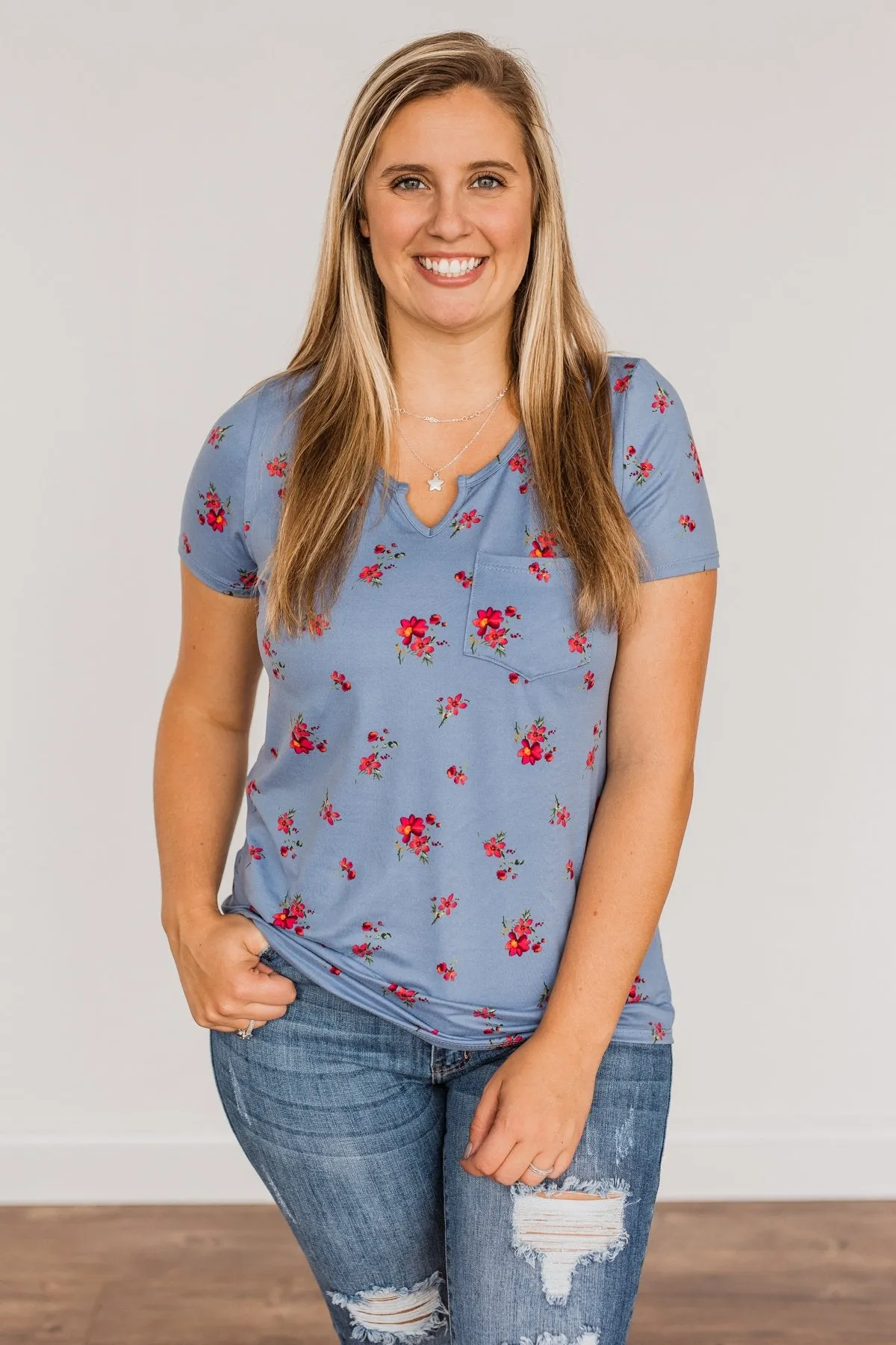 Botanical Beauty Floral Notch Pocket Top- Dusty Blue
