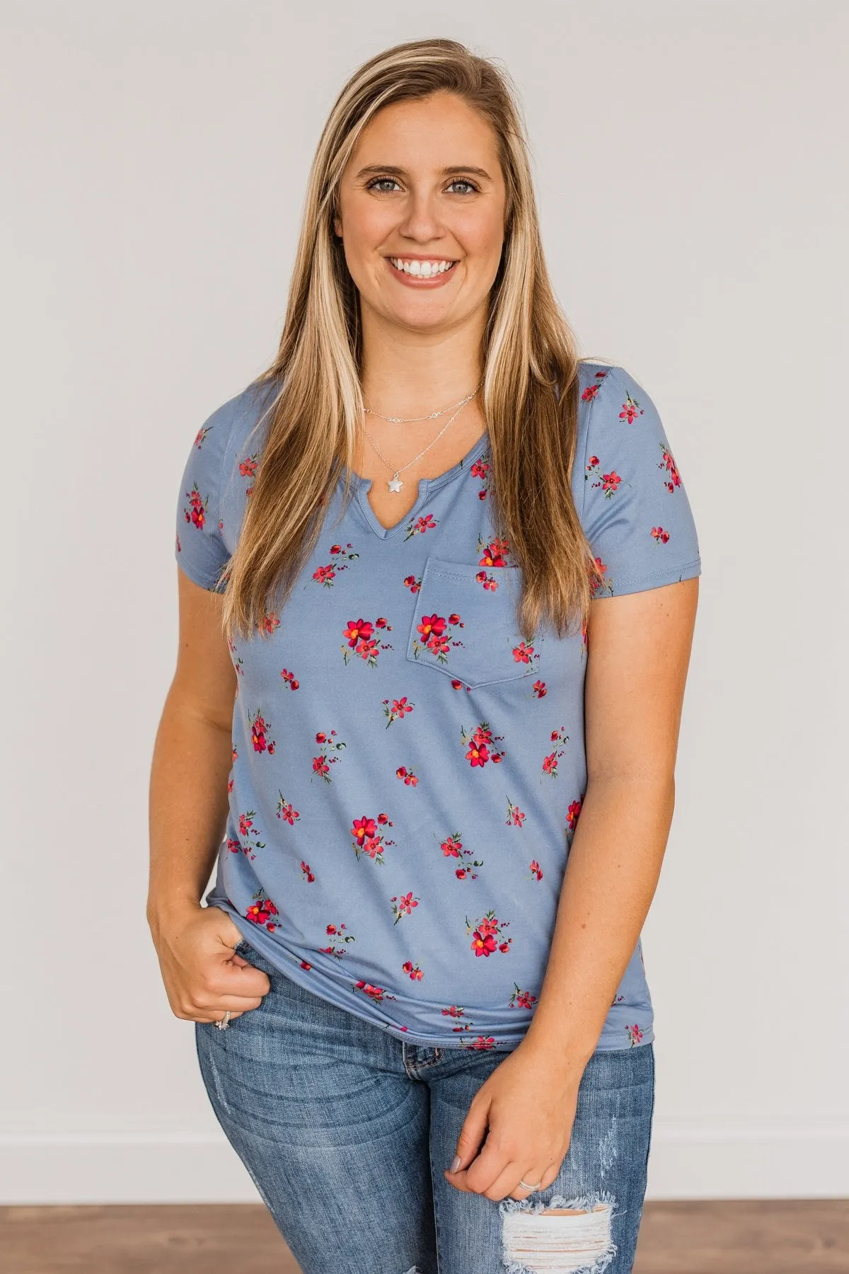 Botanical Beauty Floral Notch Pocket Top- Dusty Blue