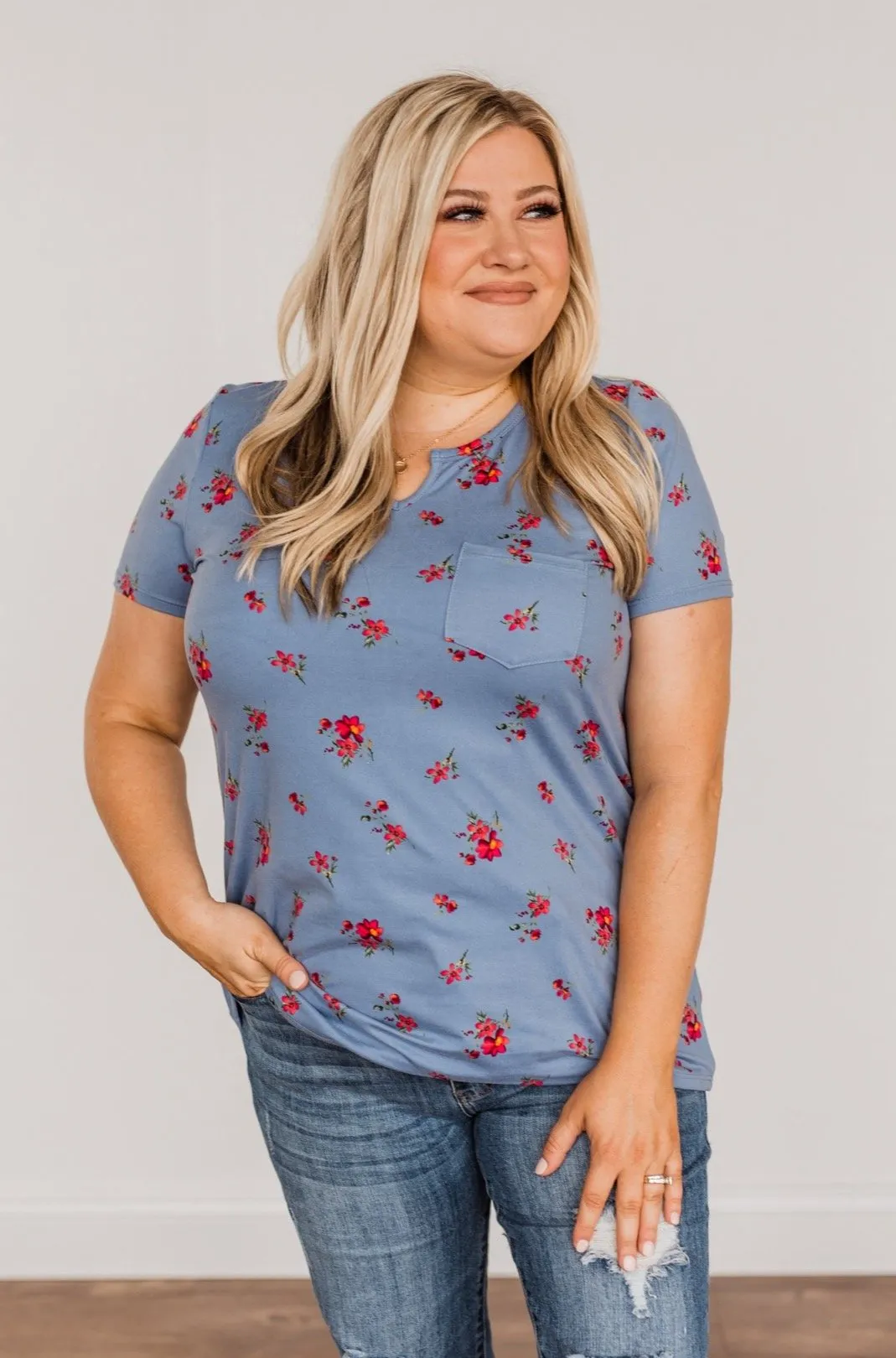 Botanical Beauty Floral Notch Pocket Top- Dusty Blue