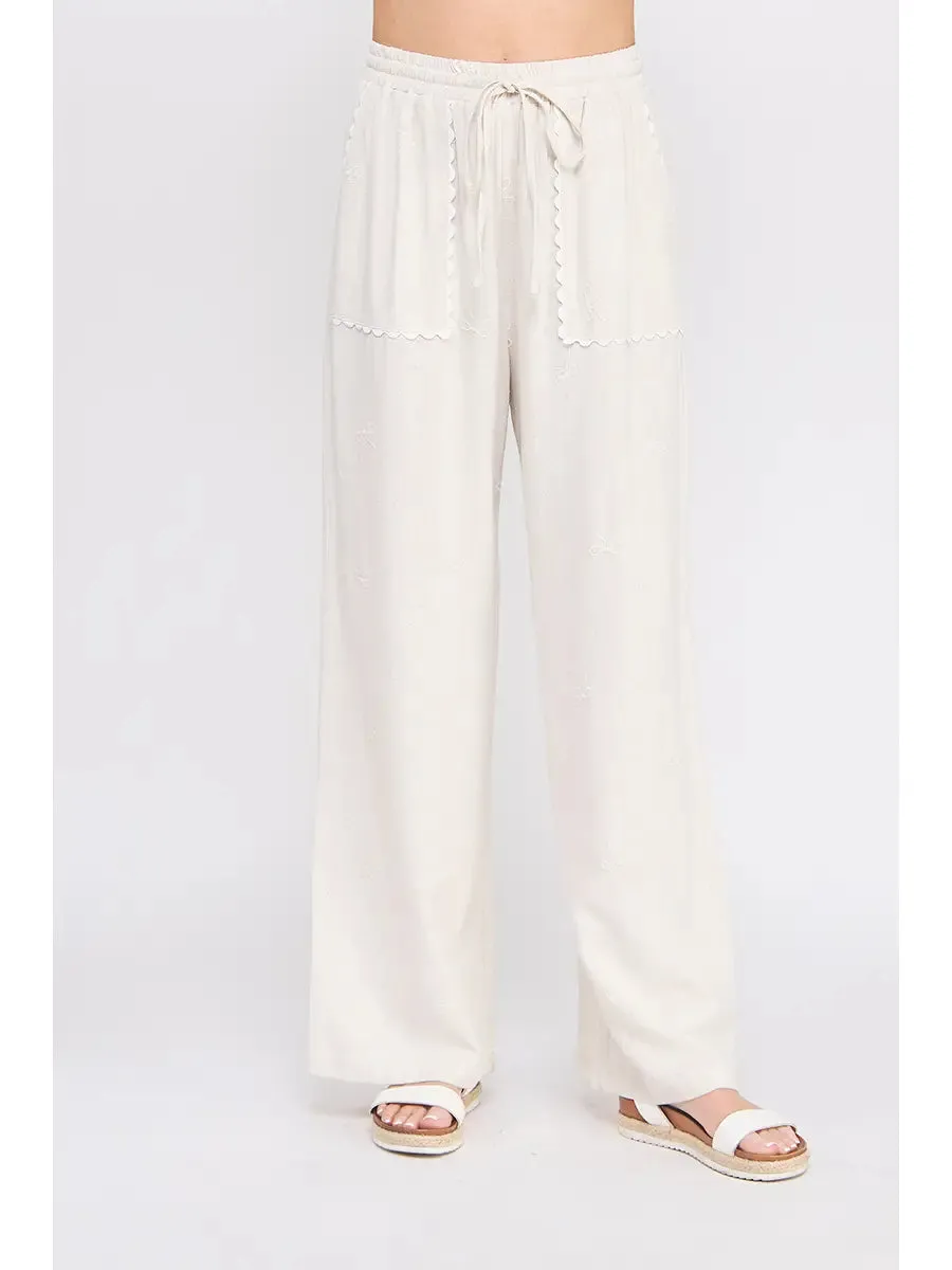 Bow Embroidered Linen Palazzo Pant
