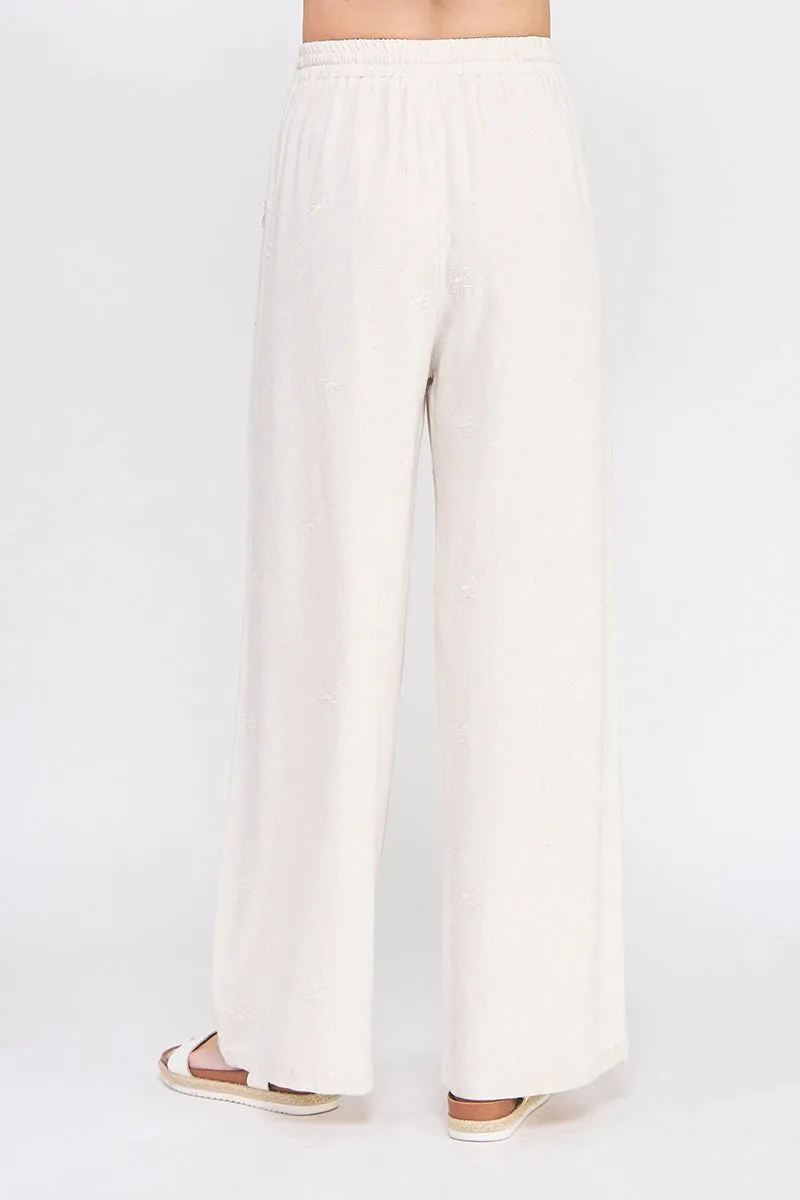 Bow Embroidered Linen Palazzo Pant