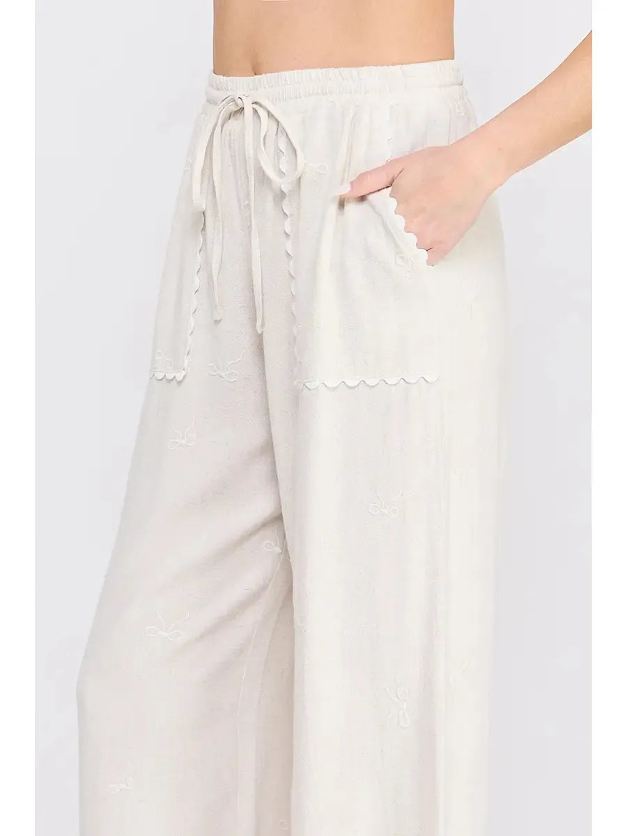 Bow Embroidered Linen Palazzo Pant