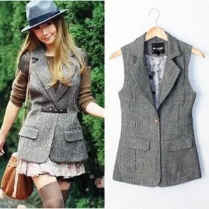 British Style Plus Size and Slim Woolen Suit Vest Women Herringbone Waistcoat