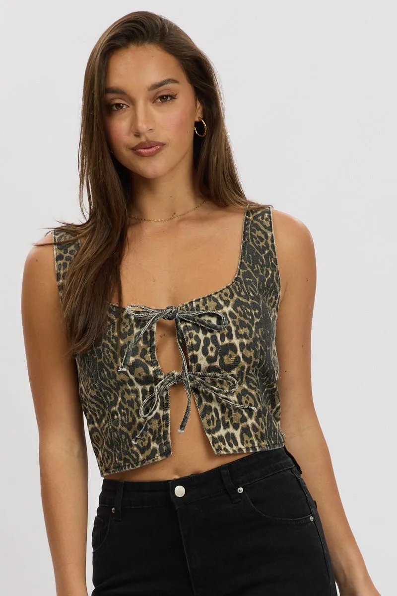 Brown Animal Print Tie Front Top Sleeveless