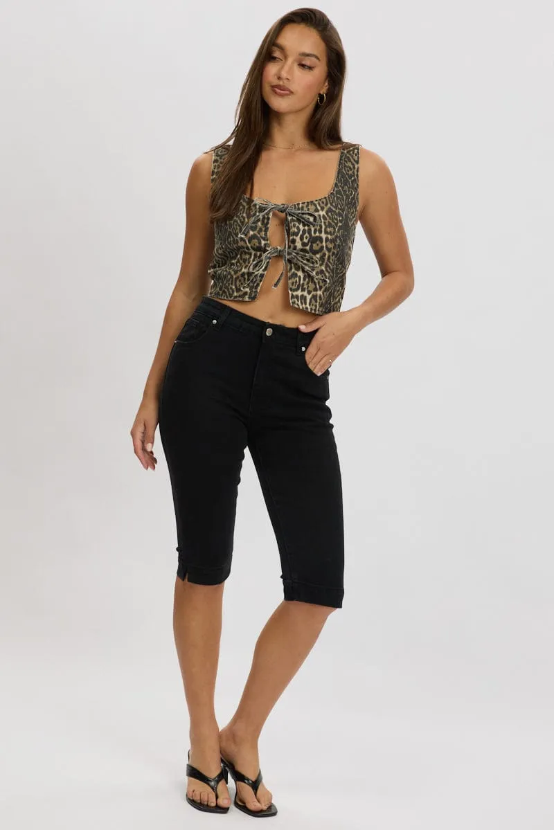Brown Animal Print Tie Front Top Sleeveless