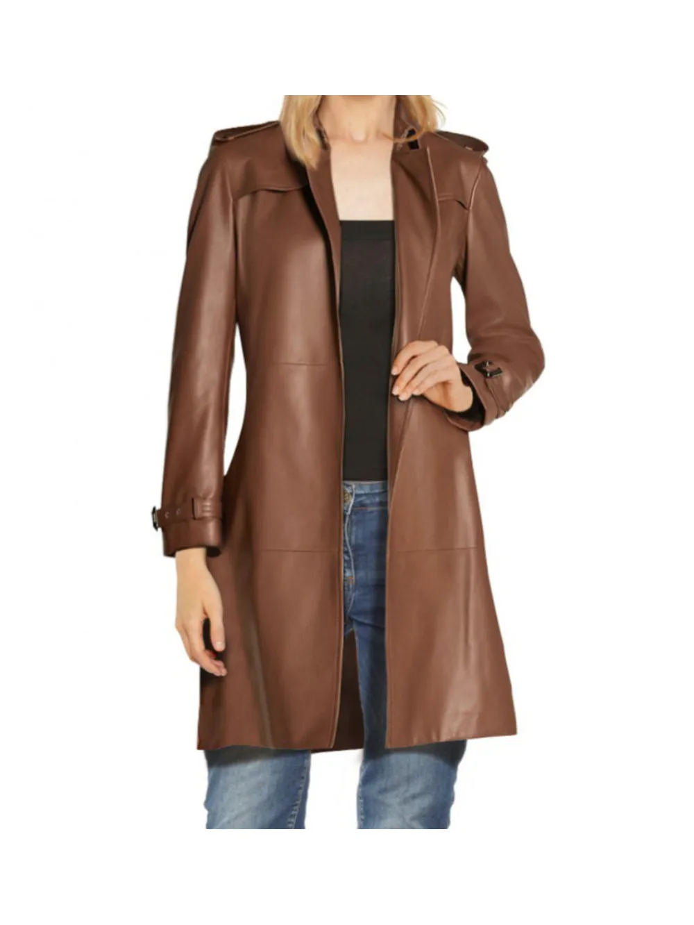 Brown Minimalist Leather Trench Coat for Women