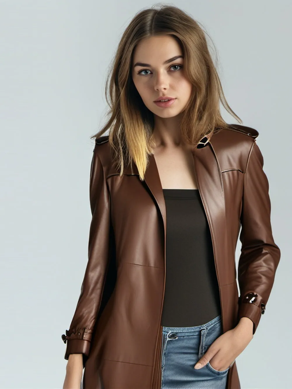 Brown Minimalist Leather Trench Coat for Women