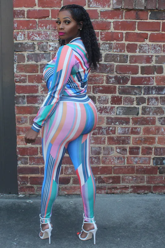 Bubble Gum Multi-Color Geometric Stripe Stretch Fit Tracksuit