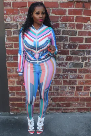 Bubble Gum Multi-Color Geometric Stripe Stretch Fit Tracksuit