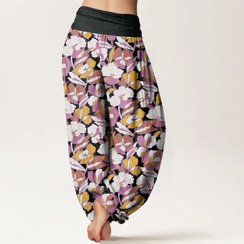 Buddha Stones Floral Leaf Design Women's Elastic Waist Harem Pants