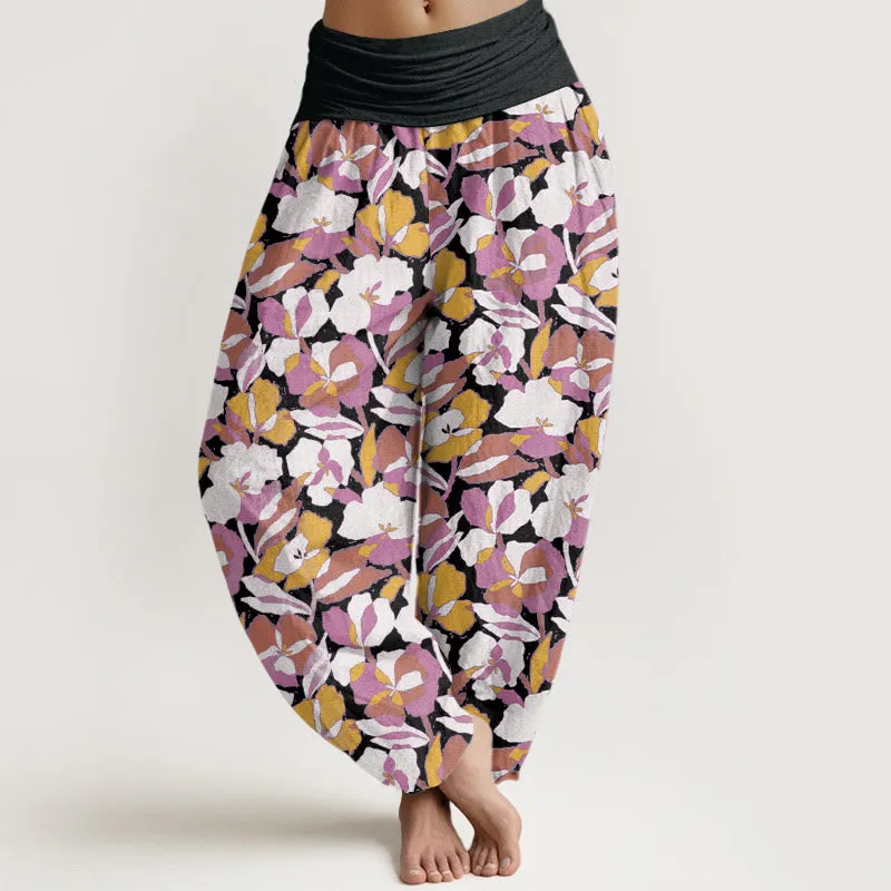 Buddha Stones Floral Leaf Design Women's Elastic Waist Harem Pants
