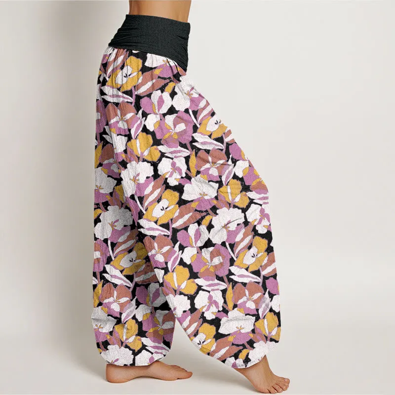 Buddha Stones Floral Leaf Design Women's Elastic Waist Harem Pants