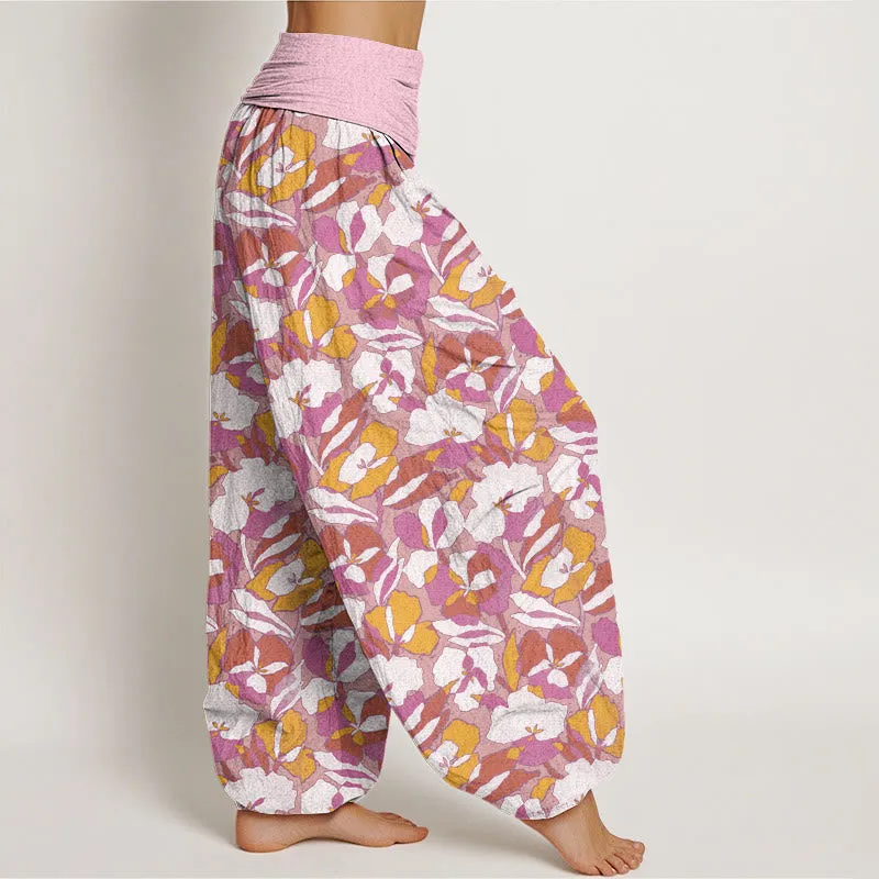 Buddha Stones Floral Leaf Design Women's Elastic Waist Harem Pants