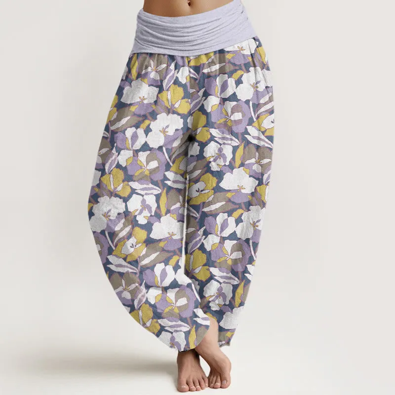 Buddha Stones Floral Leaf Design Women's Elastic Waist Harem Pants