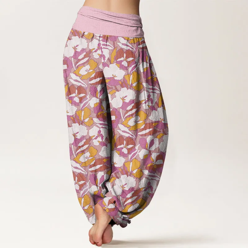 Buddha Stones Floral Leaf Design Women's Elastic Waist Harem Pants