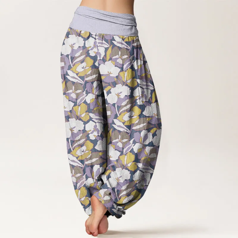 Buddha Stones Floral Leaf Design Women's Elastic Waist Harem Pants
