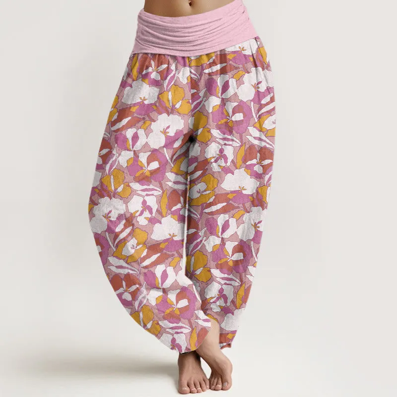 Buddha Stones Floral Leaf Design Women's Elastic Waist Harem Pants