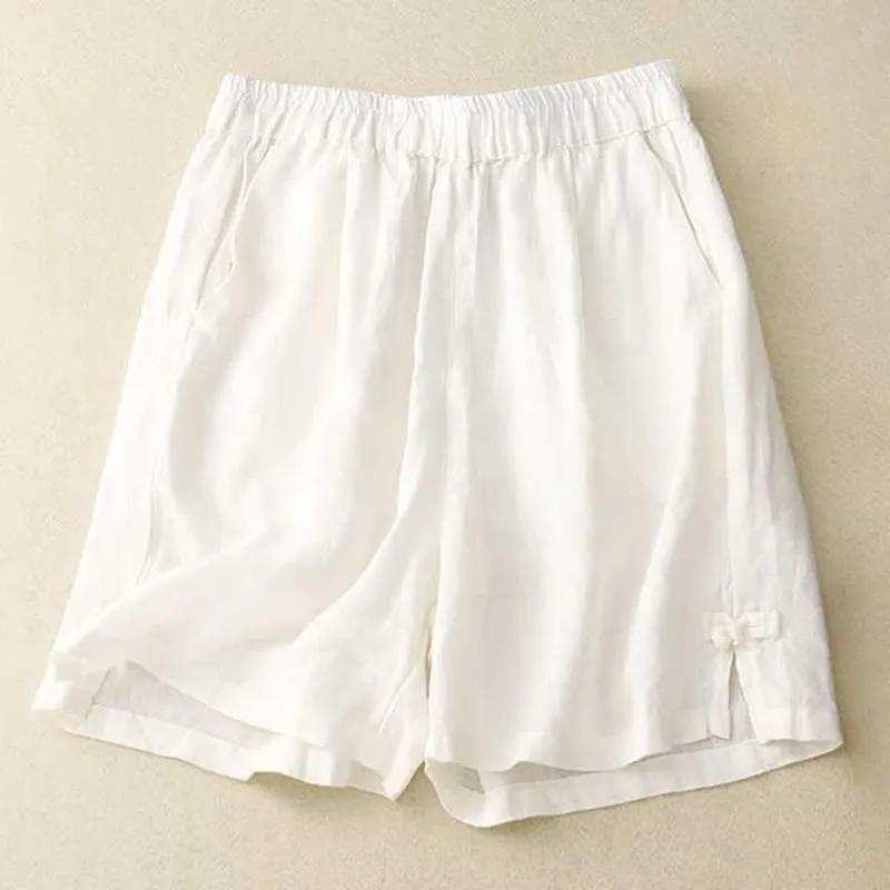 Buddha Stones Summer Casual Loose Plain Frog Button Cotton Linen Women's Shorts With Pockets