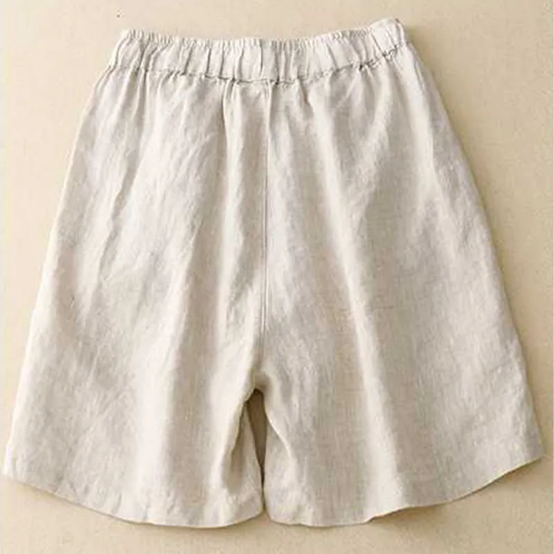 Buddha Stones Summer Casual Loose Plain Frog Button Cotton Linen Women's Shorts With Pockets