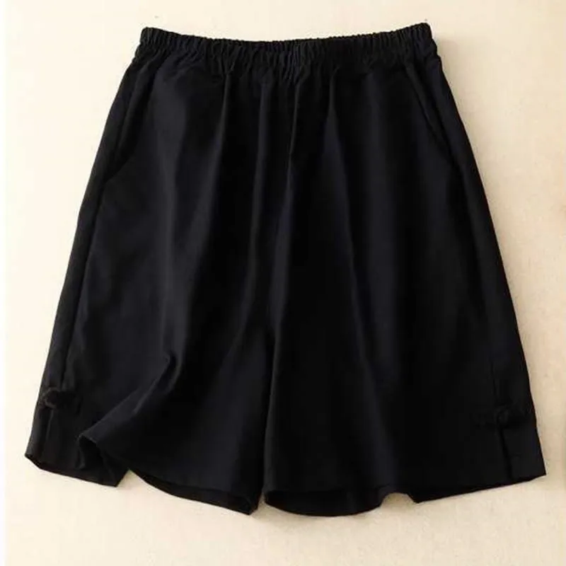 Buddha Stones Summer Casual Loose Plain Frog Button Cotton Linen Women's Shorts With Pockets