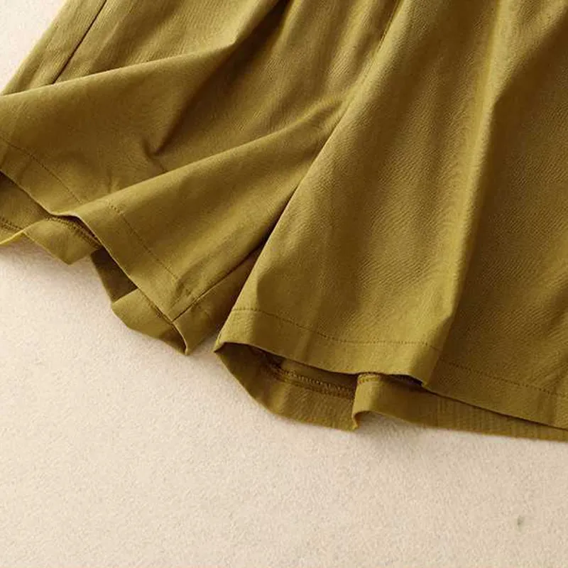Buddha Stones Summer Casual Loose Plain Frog Button Cotton Linen Women's Shorts With Pockets