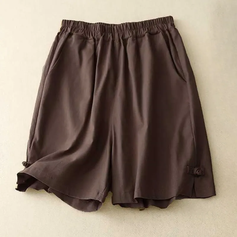 Buddha Stones Summer Casual Loose Plain Frog Button Cotton Linen Women's Shorts With Pockets