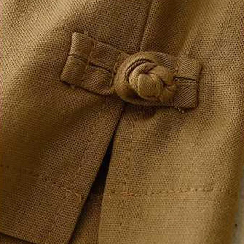 Buddha Stones Summer Casual Loose Plain Frog Button Cotton Linen Women's Shorts With Pockets