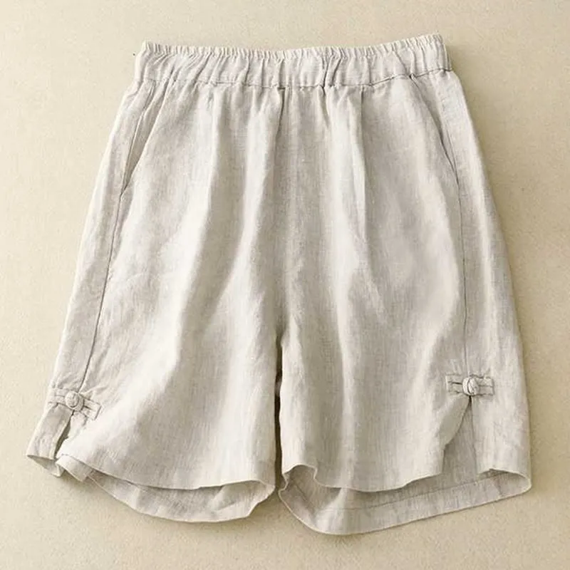 Buddha Stones Summer Casual Loose Plain Frog Button Cotton Linen Women's Shorts With Pockets