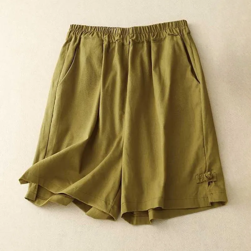 Buddha Stones Summer Casual Loose Plain Frog Button Cotton Linen Women's Shorts With Pockets