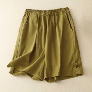 Buddha Stones Summer Casual Loose Plain Frog Button Cotton Linen Women's Shorts With Pockets