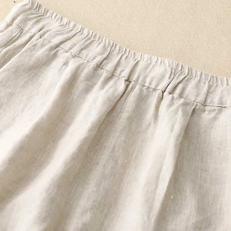 Buddha Stones Summer Casual Loose Plain Frog Button Cotton Linen Women's Shorts With Pockets