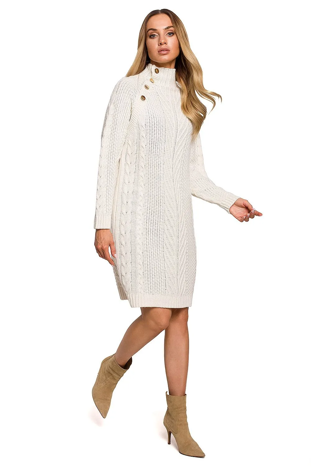 Button-Accented Turtleneck Knit Dress
