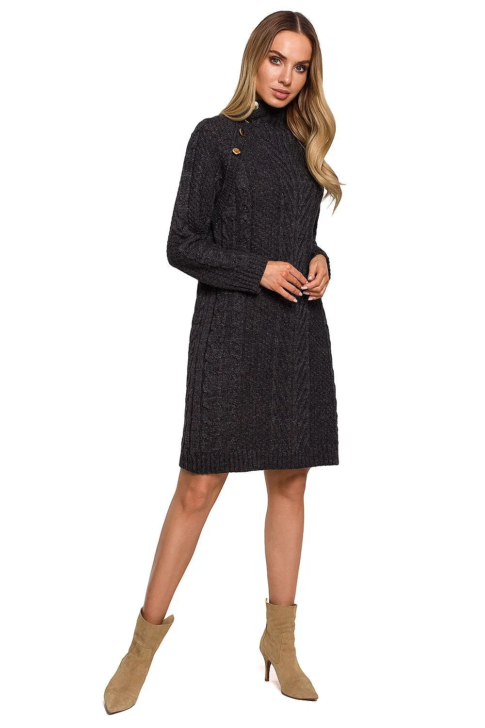 Button-Accented Turtleneck Knit Dress
