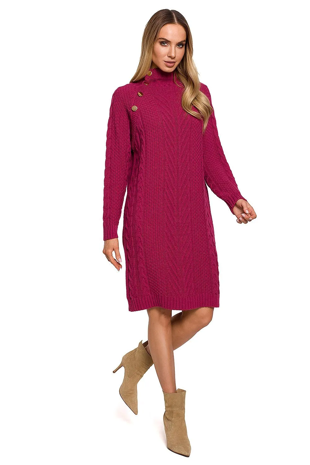 Button-Accented Turtleneck Knit Dress