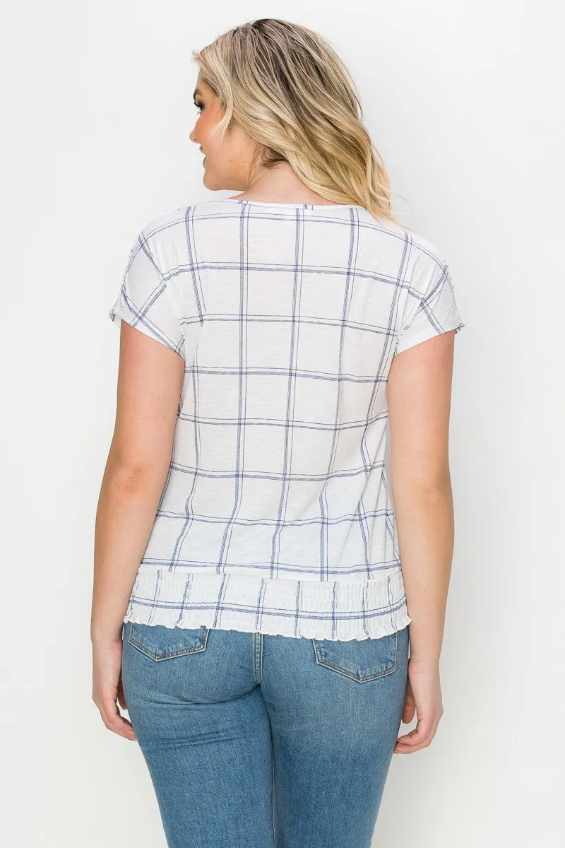 Button Down Front Smocked Hem Woven Blouse