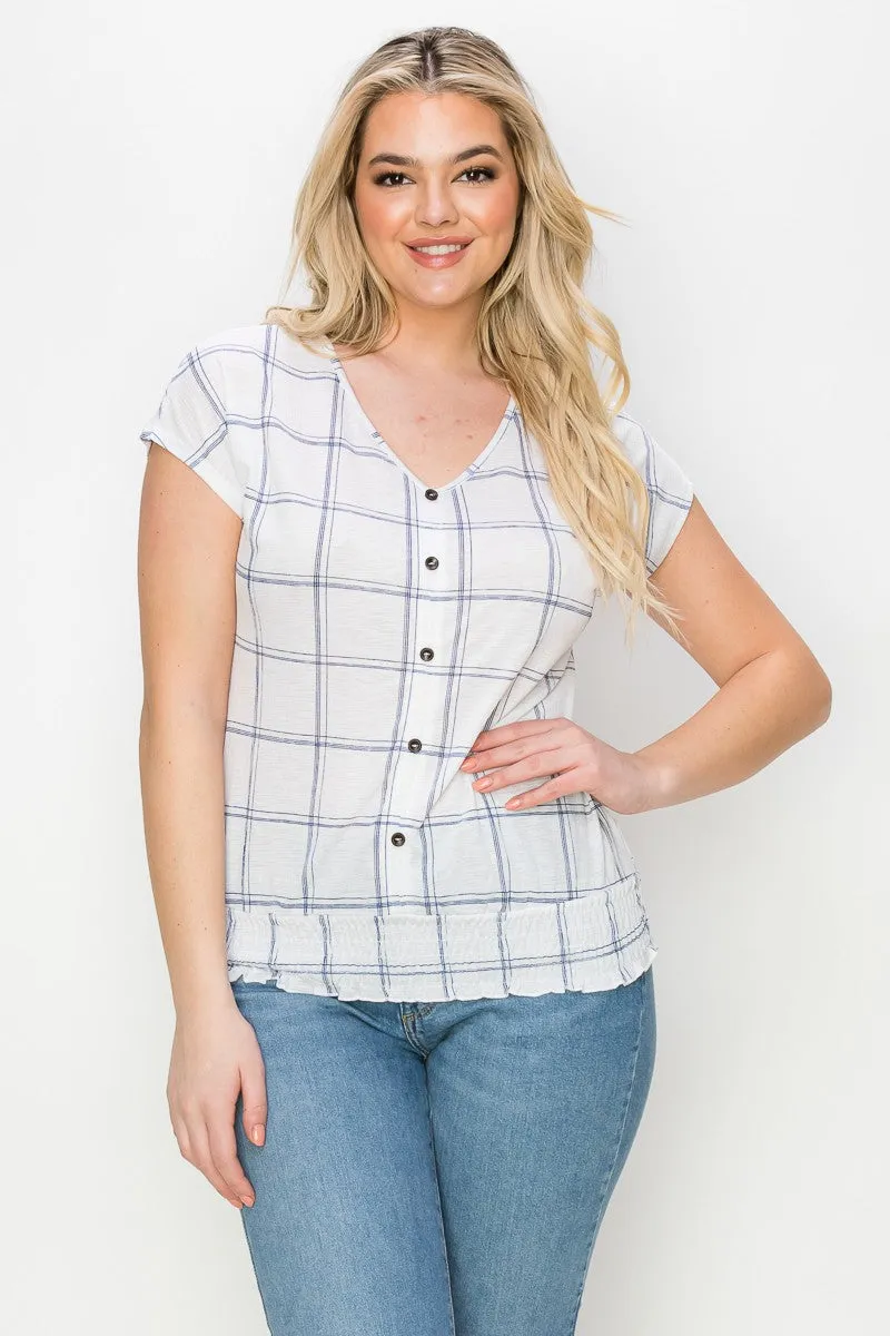Button Down Front Smocked Hem Woven Blouse