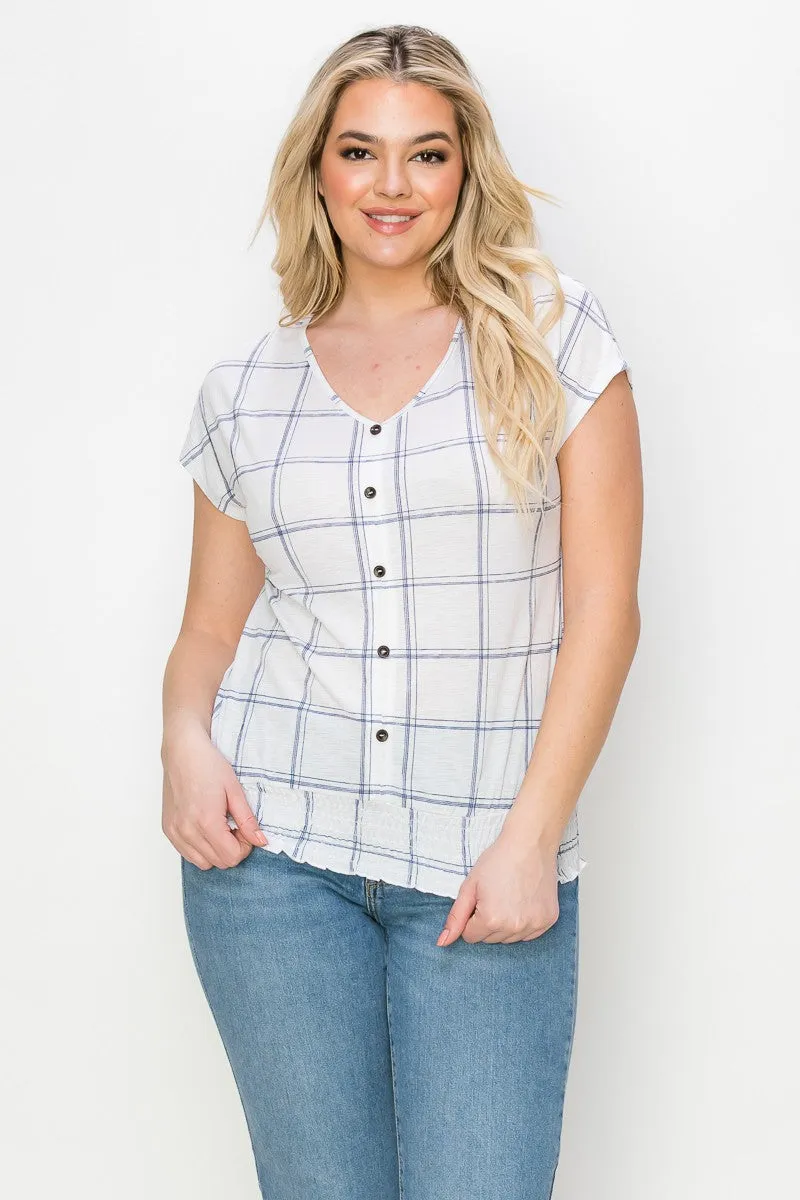 Button Down Front Smocked Hem Woven Blouse