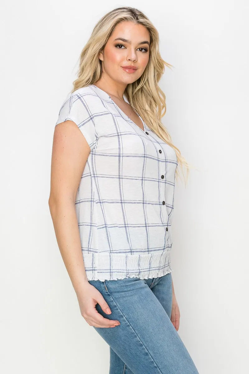 Button Down Front Smocked Hem Woven Blouse