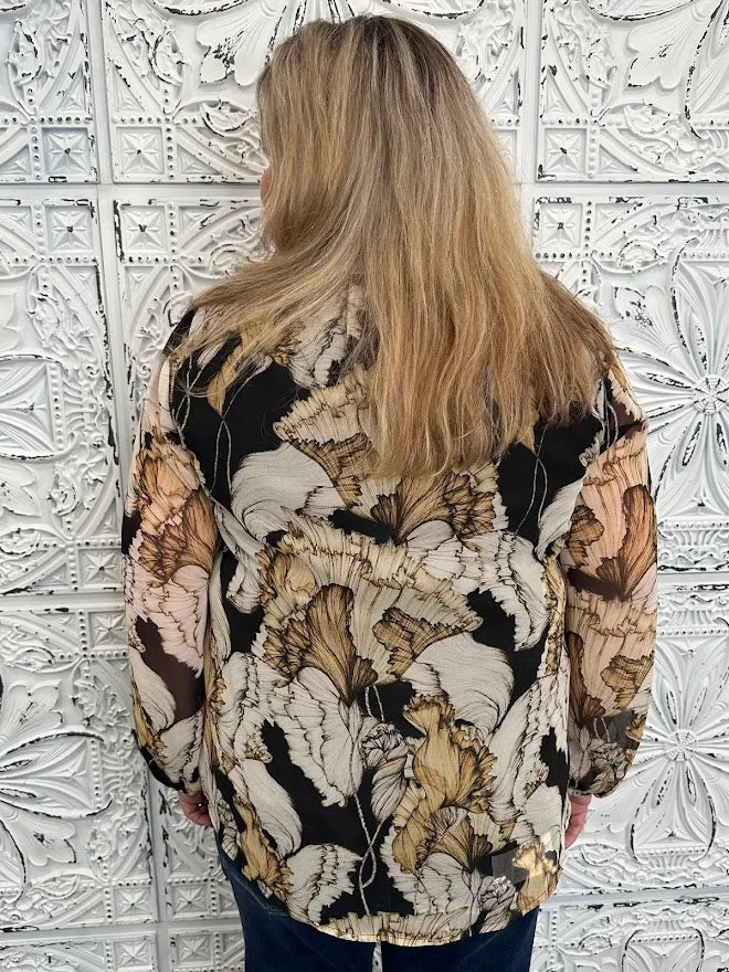 Button Front Floral Chiffon Top with Flowy Long Sleeves