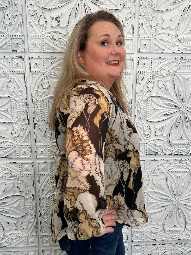 Button Front Floral Chiffon Top with Flowy Long Sleeves