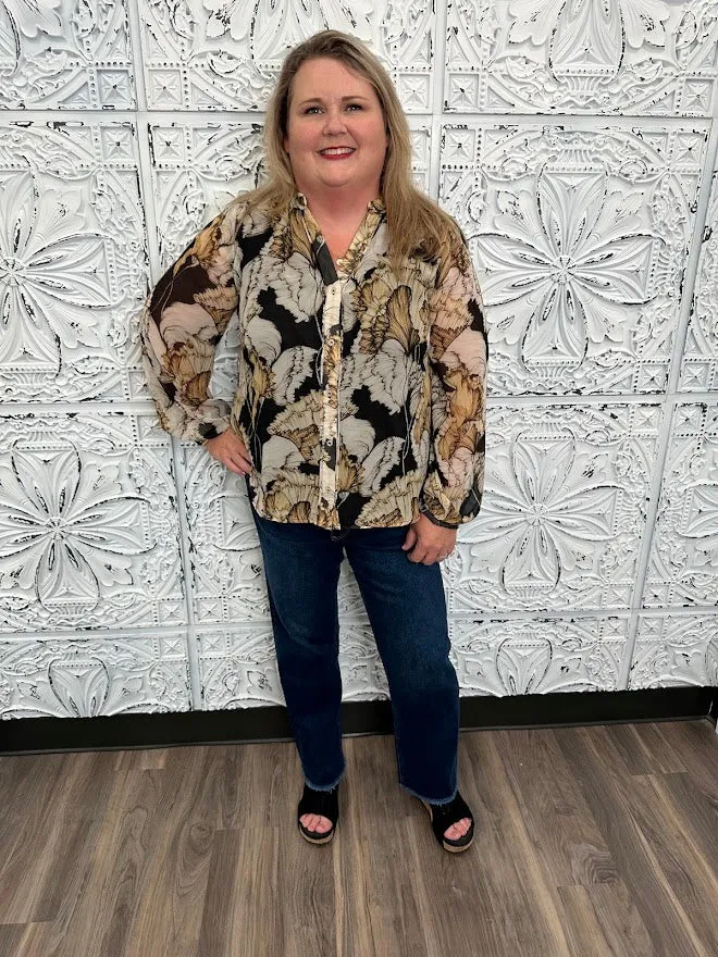 Button Front Floral Chiffon Top with Flowy Long Sleeves