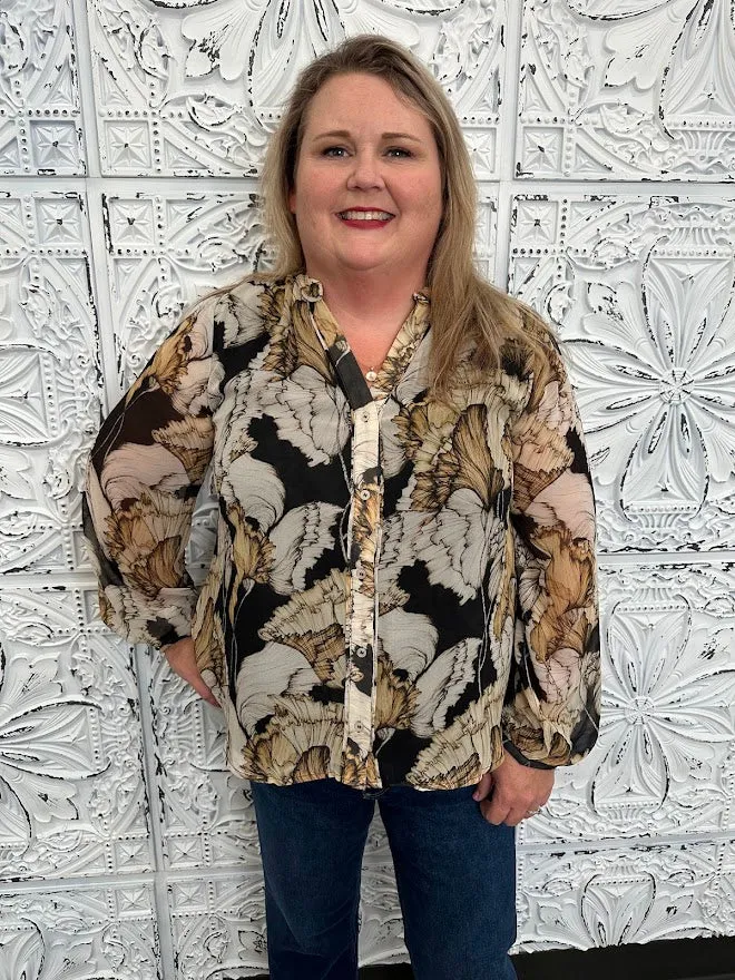 Button Front Floral Chiffon Top with Flowy Long Sleeves