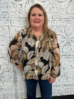 Button Front Floral Chiffon Top with Flowy Long Sleeves