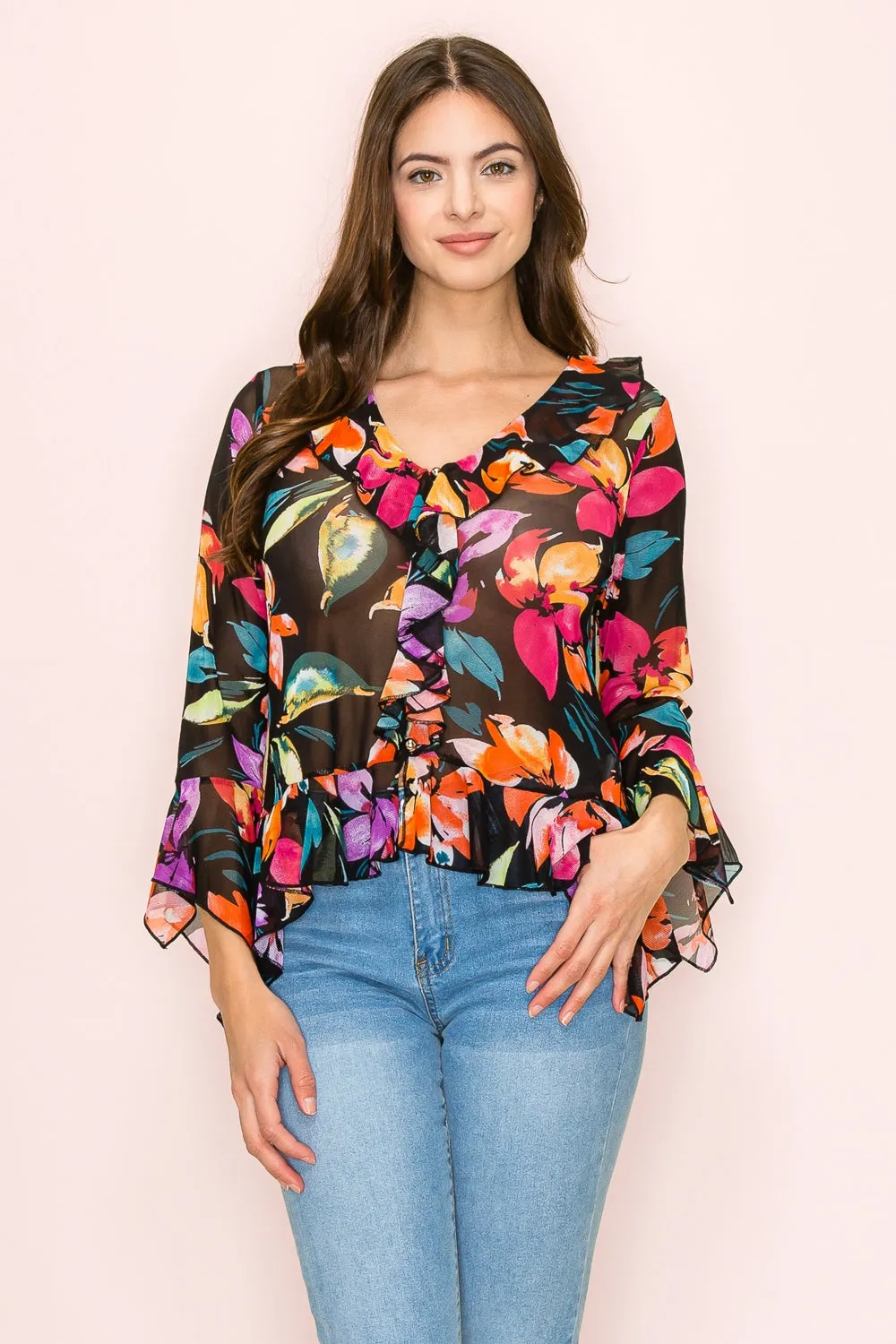 BUTTON FRONT RUFFLE DETAIL BELL BLOUSE