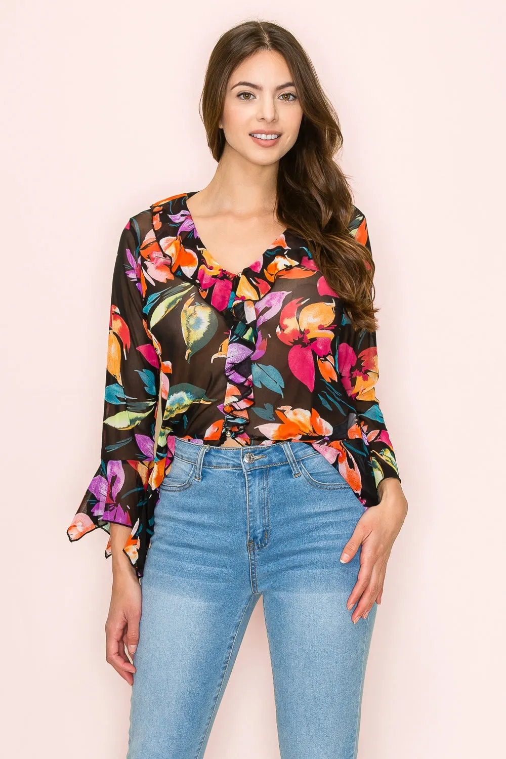 BUTTON FRONT RUFFLE DETAIL BELL BLOUSE
