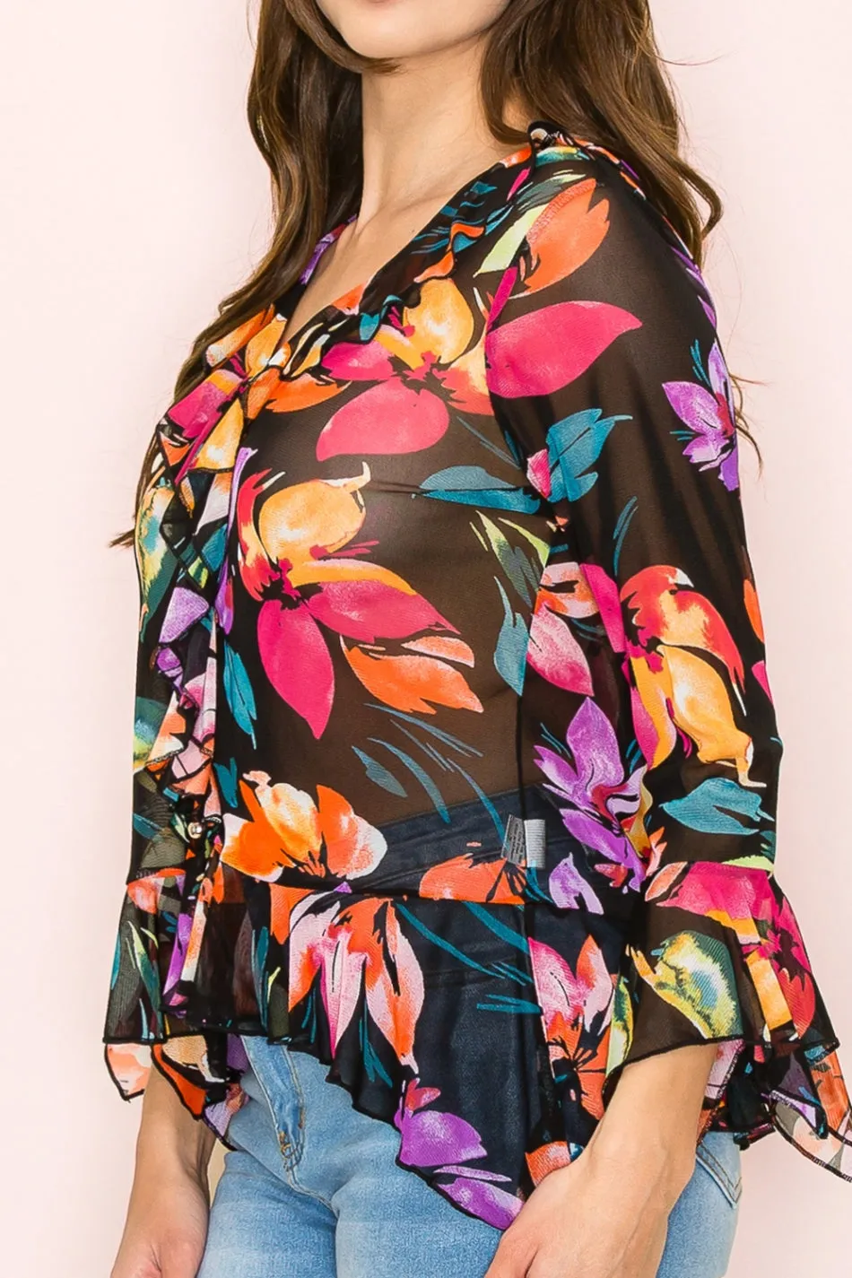 BUTTON FRONT RUFFLE DETAIL BELL BLOUSE