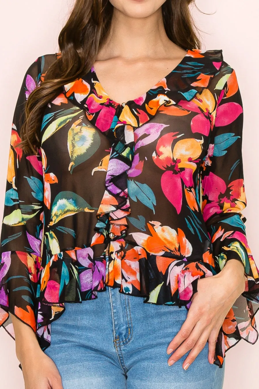 BUTTON FRONT RUFFLE DETAIL BELL BLOUSE